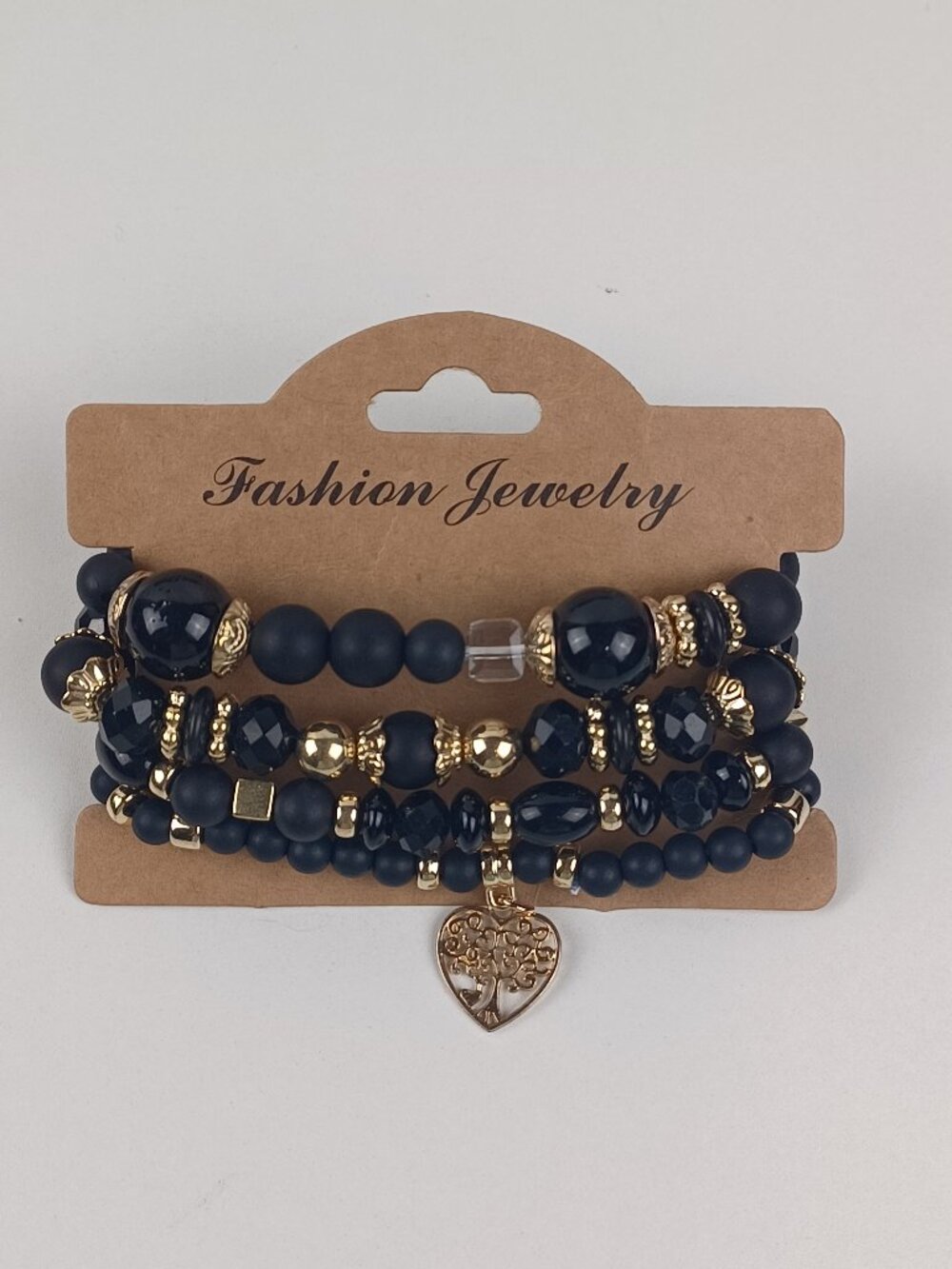 4-Piece Bohemian Beaded Bracelet Set - Black Heart & Tree Pendants